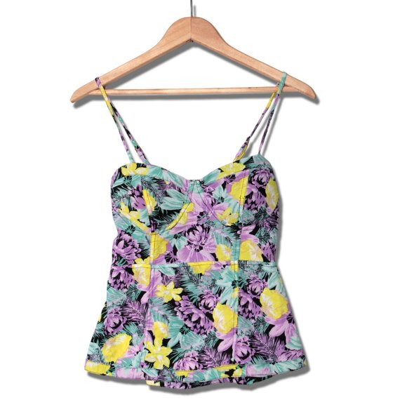 Bluenotes Peplum Sweetheart Floral Blouse Tank Top Smocked Black Purple Blue Y2K - Picture 2 of 9
